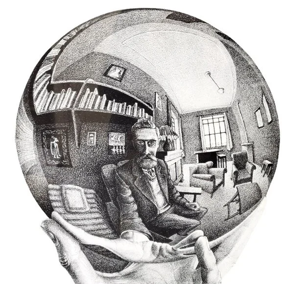 M.C. Escher Hand With Reflecting Sphere Framed Art Print 1-35 Black & White Fram - Picture 3 of 6